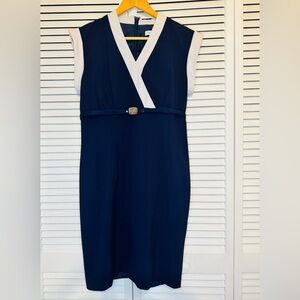 💎 Calvin Klein Size 10 Navy Midi Sheath Dress w/White Trim & Belt Vintage EUC